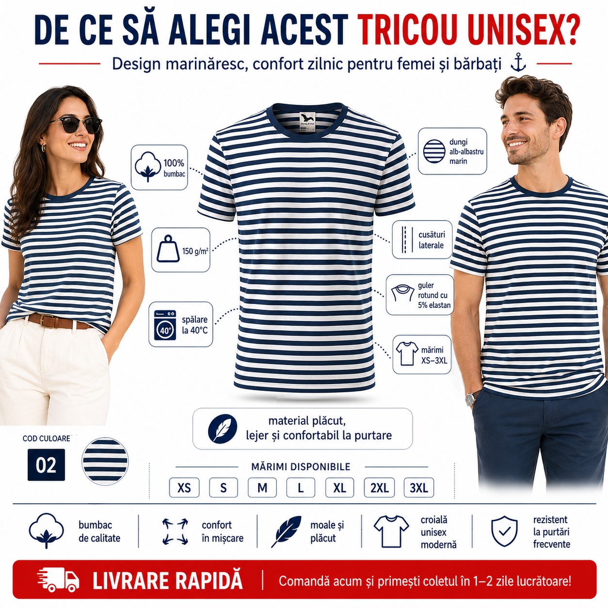 Avantajele tricoului Malfini 803 Sailor Avantaje tricou unisex Malfini 803 Sailor cu dungi alb albastru marin