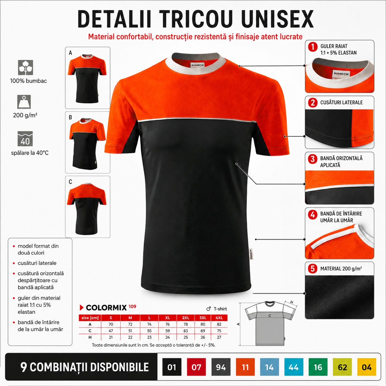 Detalii constructive tricou Rimeck 109 Colormix Detaliile tricoului unisex Rimeck 109 Colormix, guler, cusături laterale și bandă de întărire