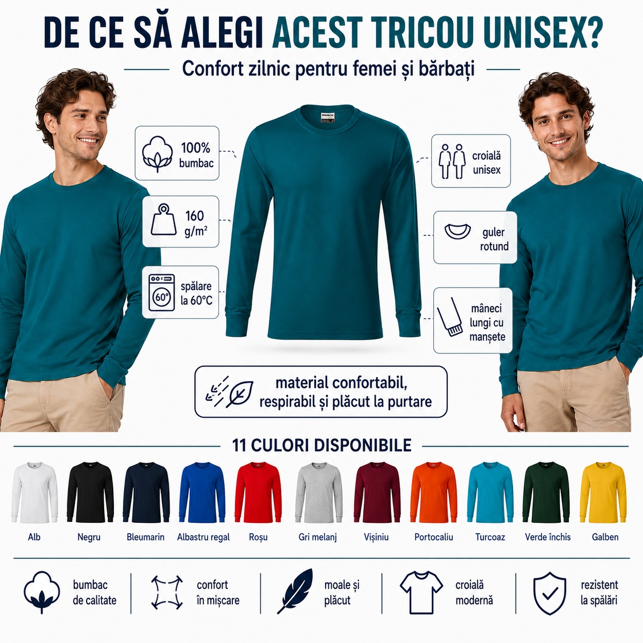 De ce să alegi tricoul unisex Rimeck Avantajele tricoului unisex Rimeck cu mânecă lungă, manșete și guler rotund