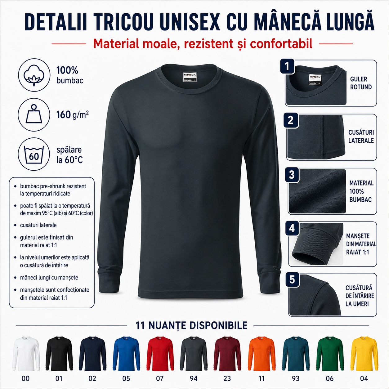 Detalii tricou Rimeck Resist LS R05 Detalii constructive tricou unisex Rimeck Resist LS R05 cu guler rotund și manșete