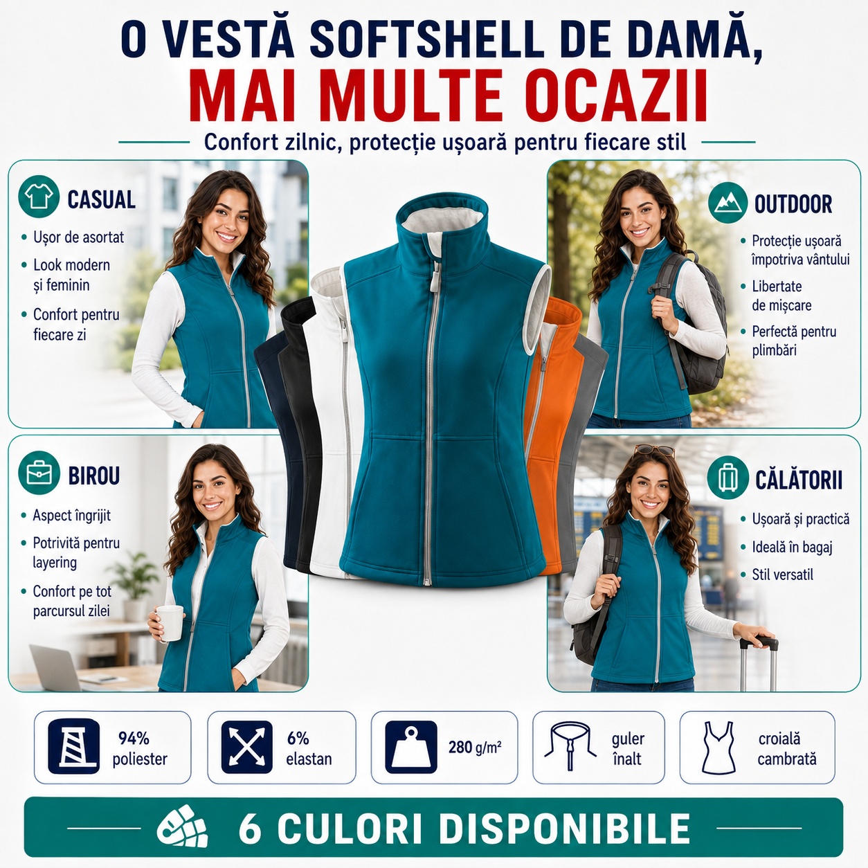 6 culori disponibile – Vision 516 Șase culori vestă damă softshell Vision 516
