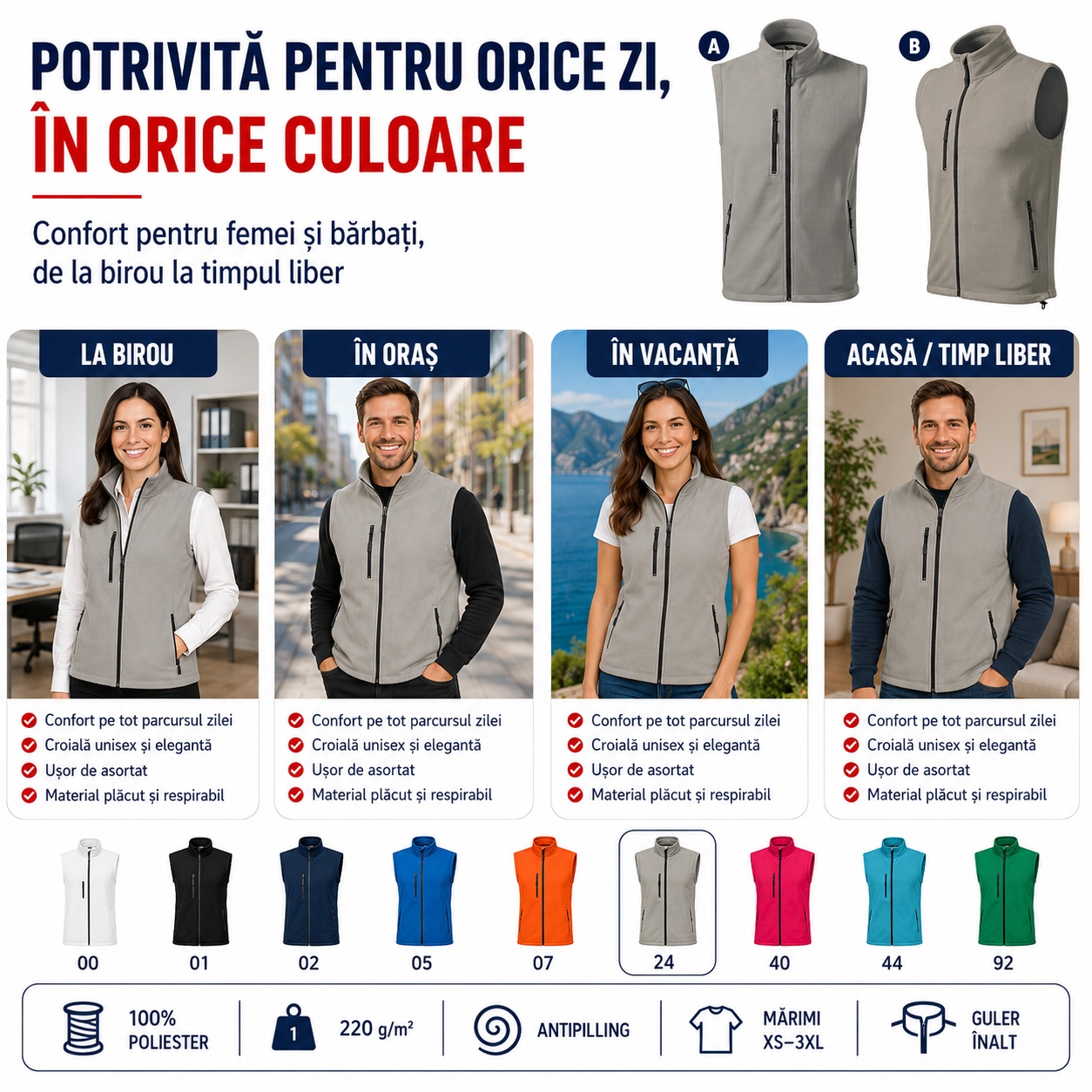 Vestă fleece unisex în mai multe culori pentru diferite stiluri