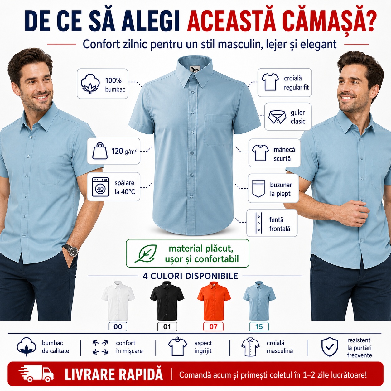 Avantaje cămașă bărbați Malfini 207 din bumbac cu m&acirc;necă scurtă, guler clasic și buzunar la piept