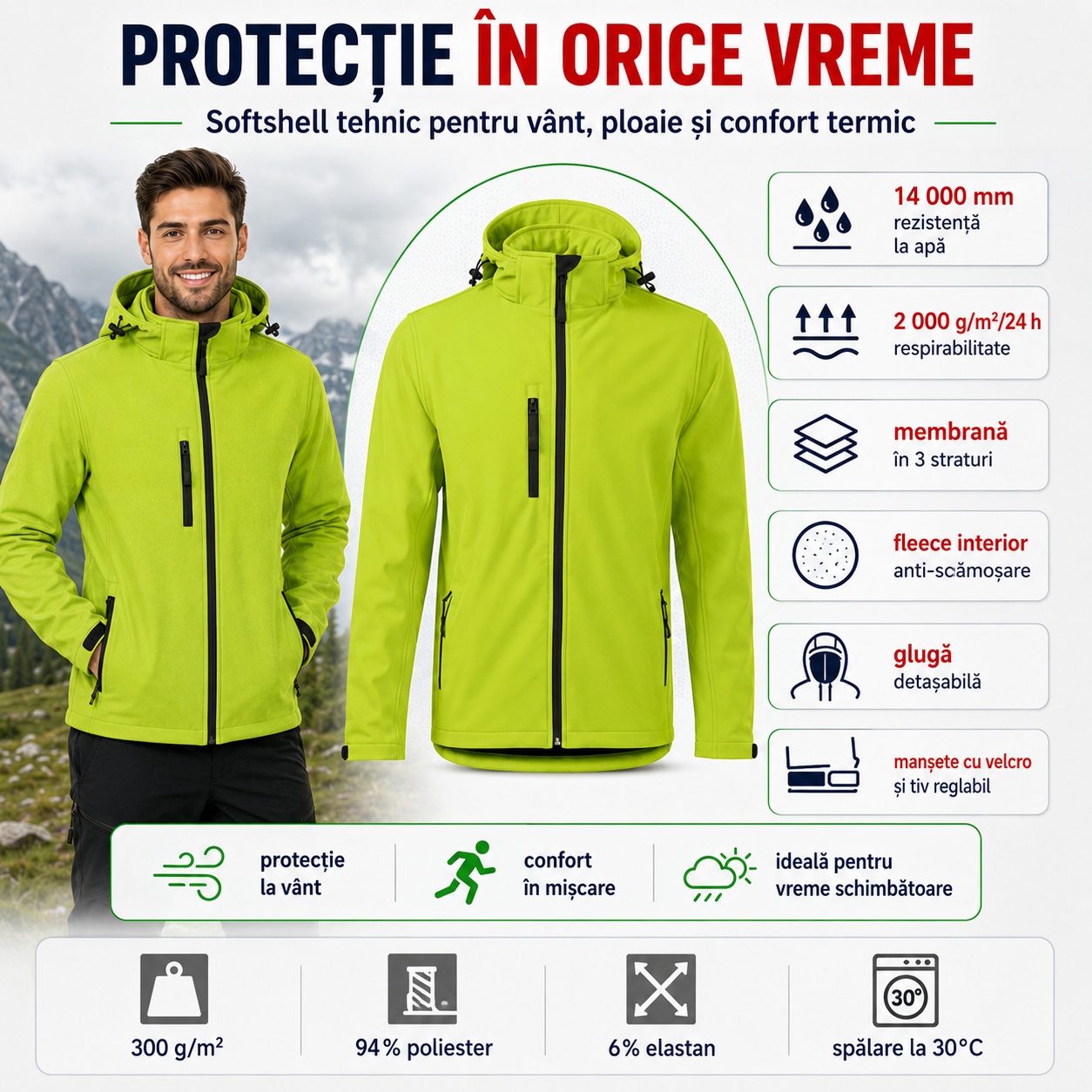 Detalii tehnice Performance 522 softshell bărbați 14000 mm