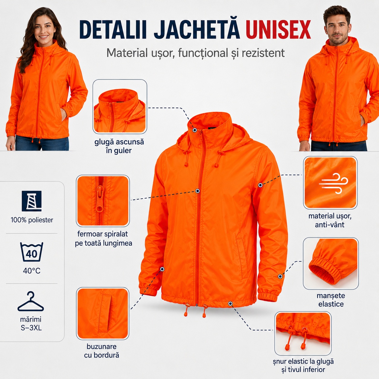 Compoziție și întreținere geacă unisex anti-vânt Windy 524