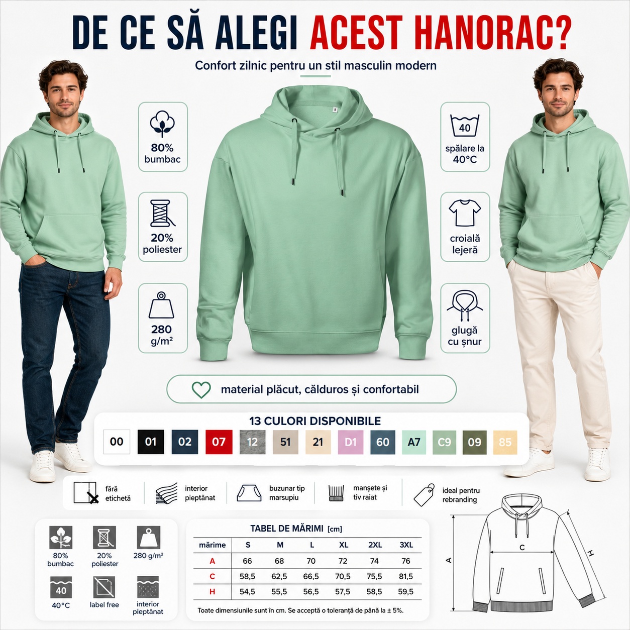 De ce să alegi hanoracul pentru bărbați 420 Moon Avantajele hanoracului pentru bărbați: 80% bumbac, 20% poliester, 280 g pe metru pătrat, glugă cu șnur și croială lejeră