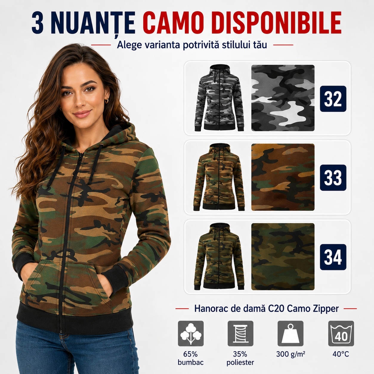 Hanorac camuflaj damă Malfini C20 Camo Zipper cu glugă și fermoar