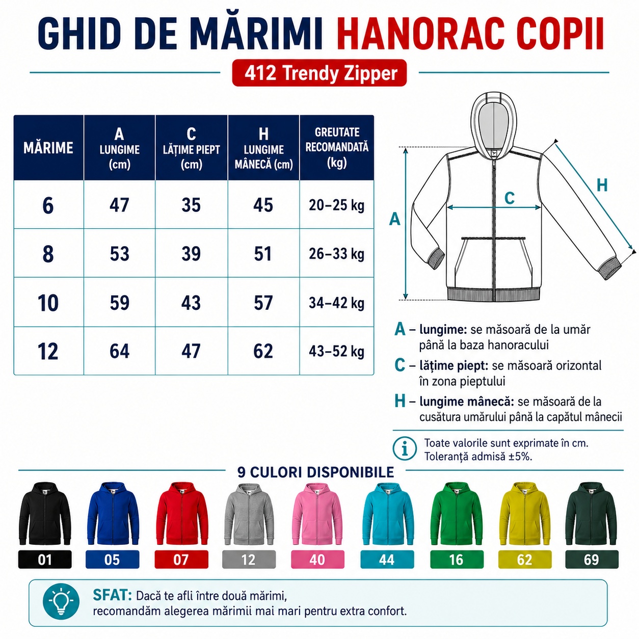 Ghid de mărimi hanorac copii 6, 8, 10 și 12 ani