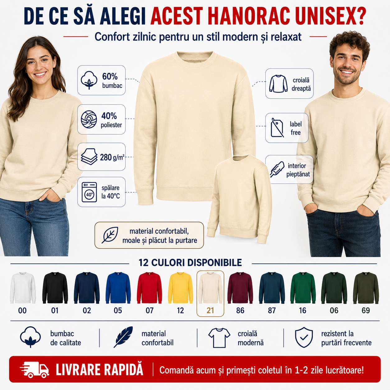 Hanorac tip bluză unisex pentru damă și bărbați, 60% bumbac, interior pieptănat și 12 culori