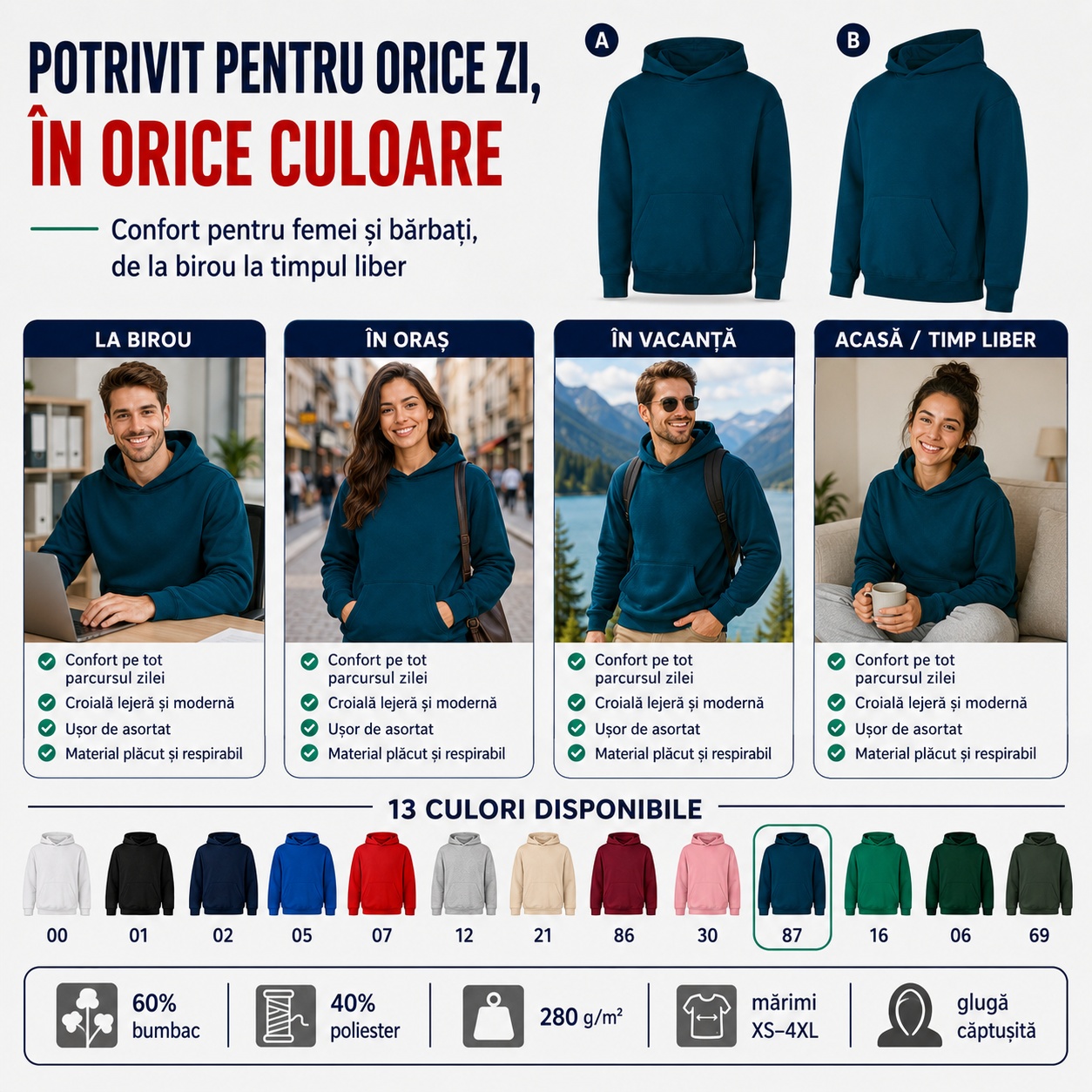 Hanorac unisex pentru birou, oraș, vacanță și timp liber