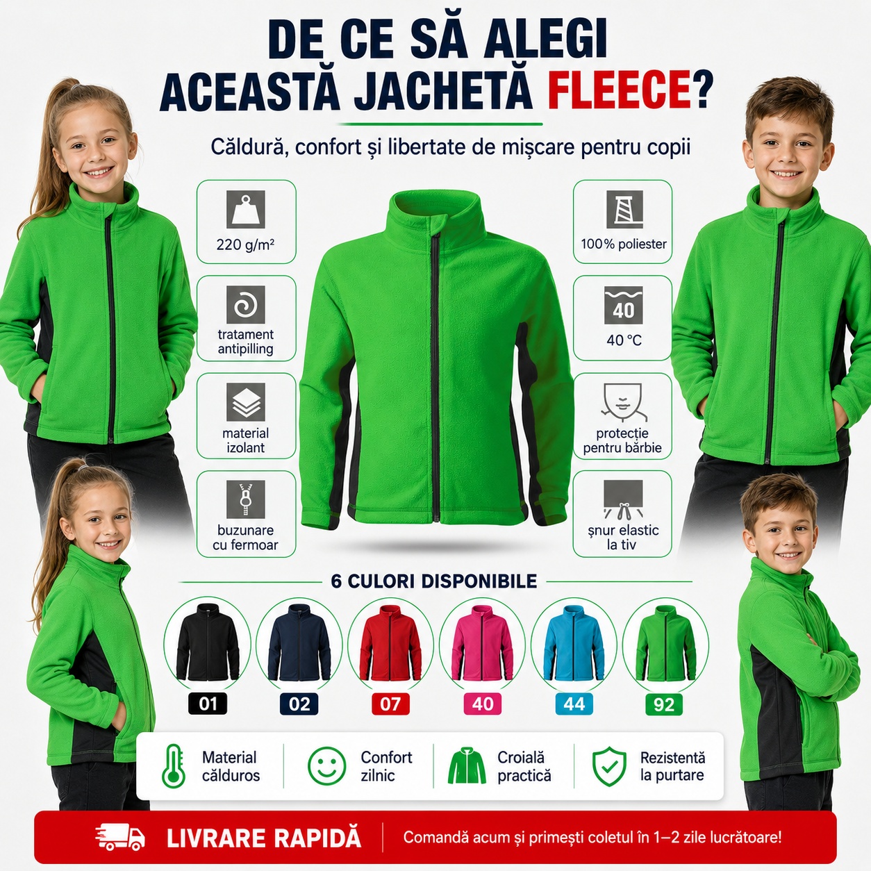 Jacheta fleece copii pentru scoala parc excursii si timp liber
