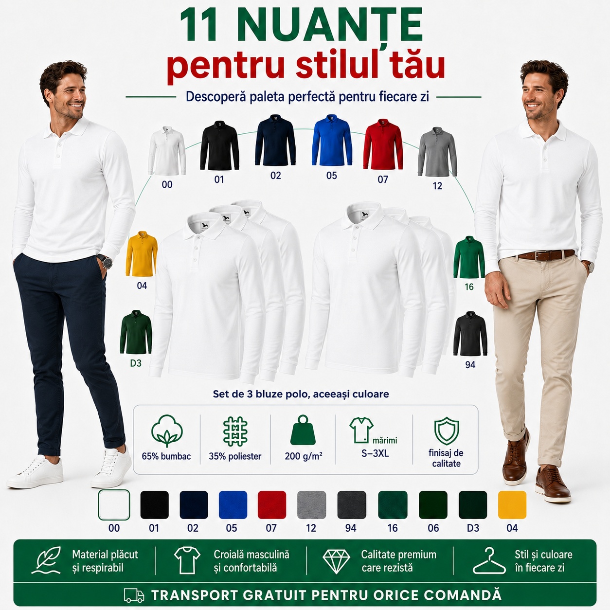 Set 3 bluze polo bărbat în 11 nuanțe pentru stilul tău