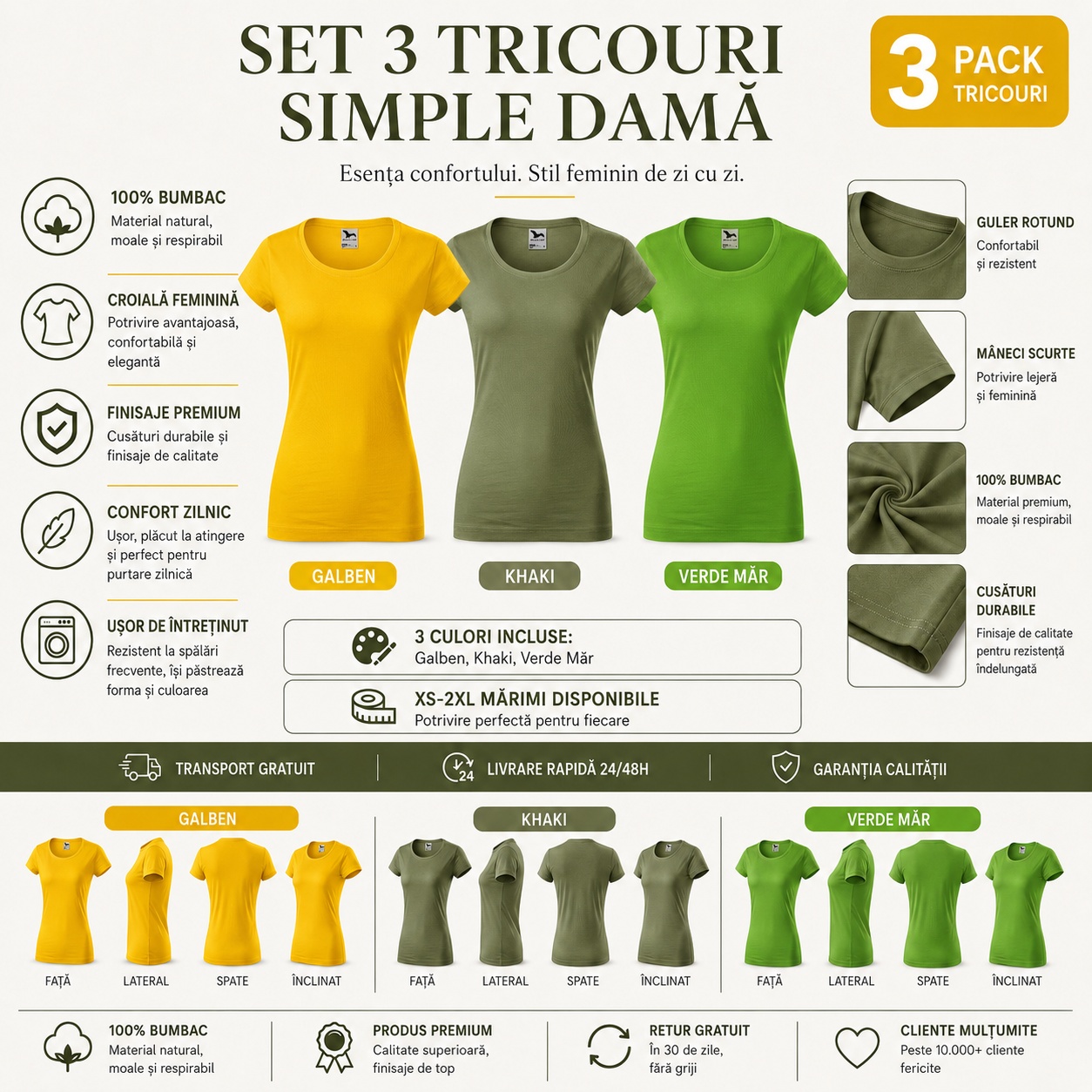 Set 3 tricouri simple damă detalii guler rotund mâneci scurte bumbac 100%