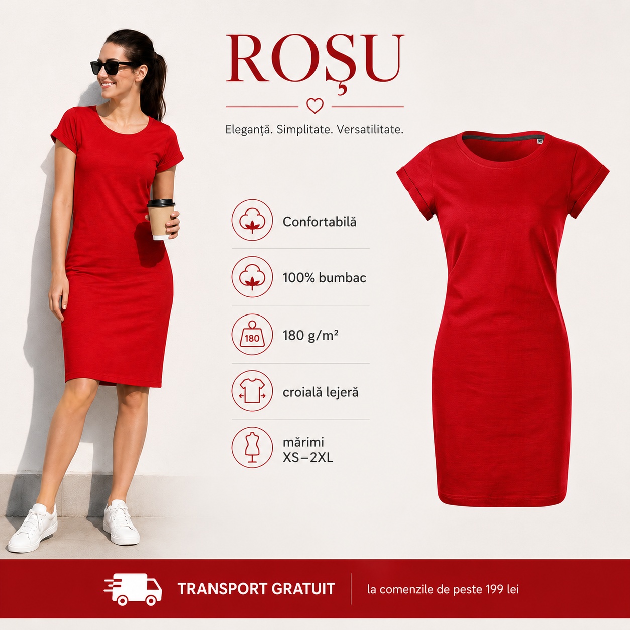 Rochie damă roșie Malfini Freedom 178, 100% bumbac, croială Regular Fit, XS–2XL