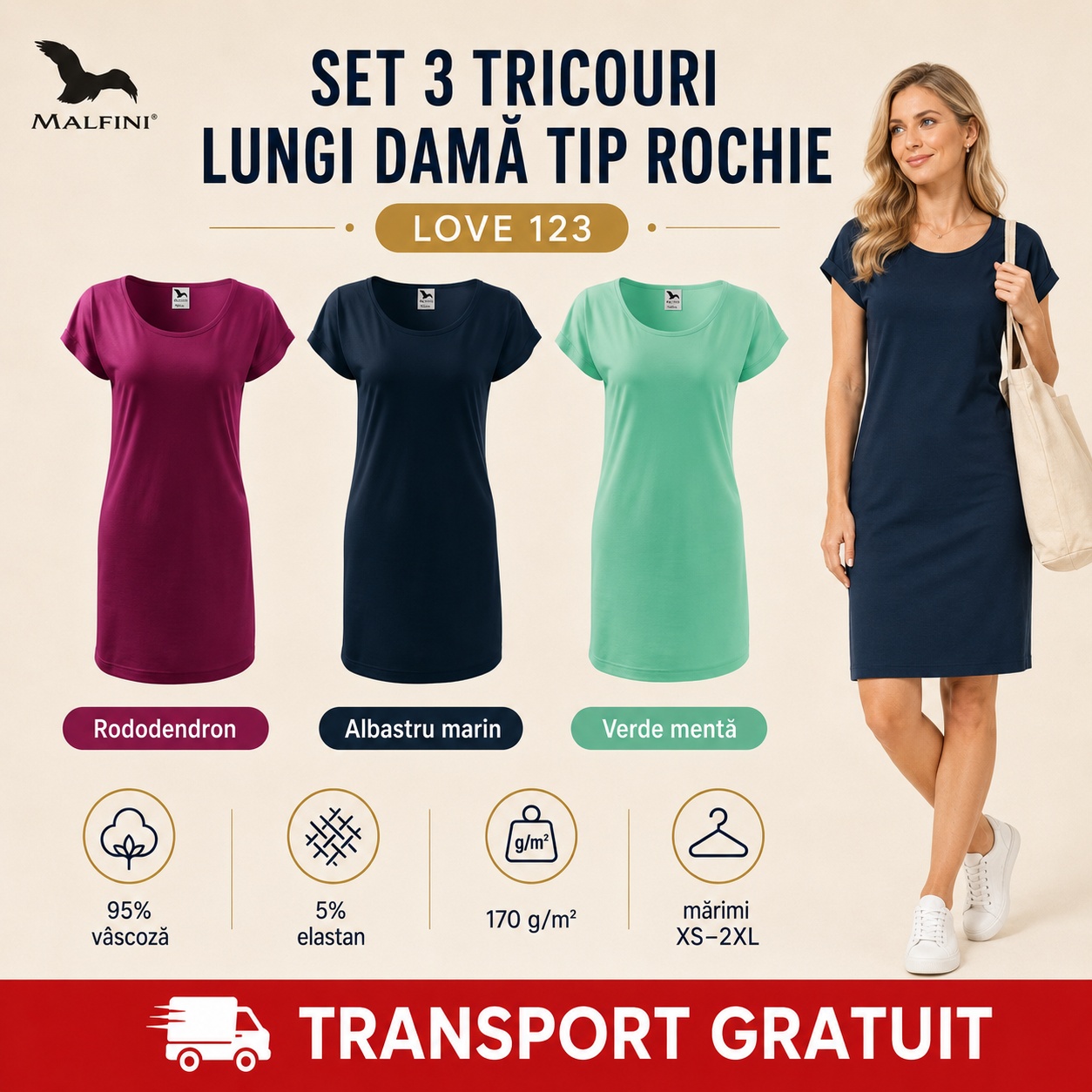 Set 3 tricouri lungi damă tip rochie Malfini Love 123 rododendron albastru marin verde mentă transport gratuit