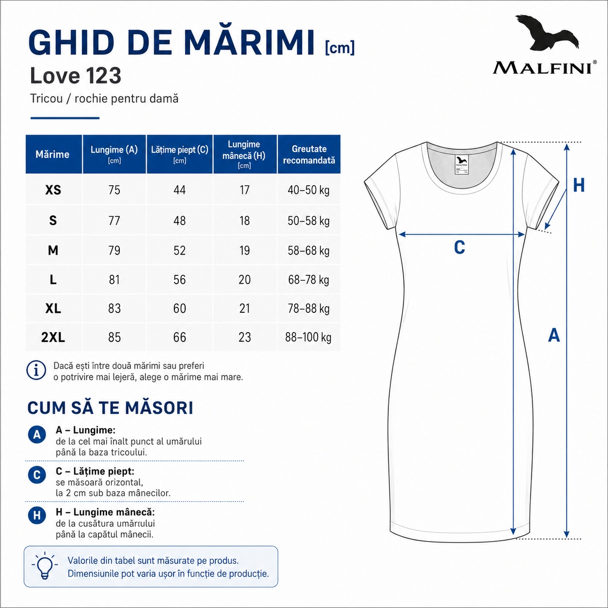 Ghid de mărimi tricou rochie damă Malfini Love 123 XS S M L XL 2XL