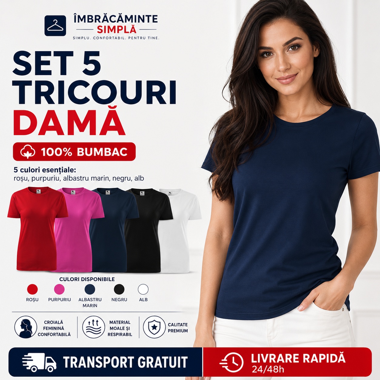 Set 5 tricouri damă culori disponibile roșu purpuriu albastru marin negru alb