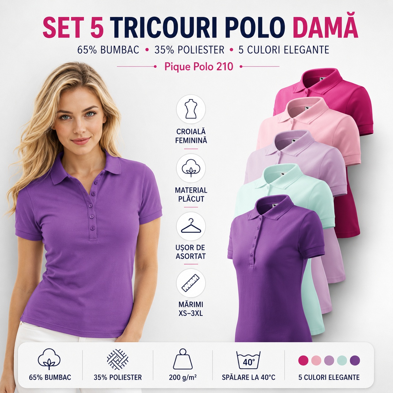 Set 5 tricouri polo dama Malfini 210 pique purpuriu roz orchid frost violet transport gratuit