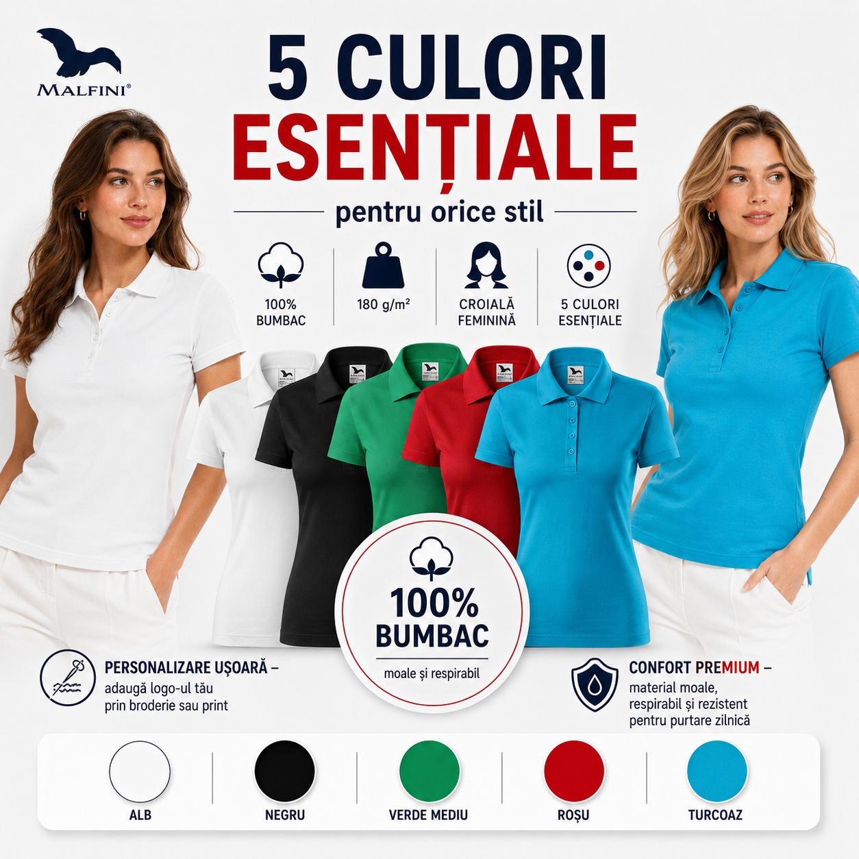 Set 5 tricouri polo damă &icirc;n culori alb negru verde roșu turcoaz