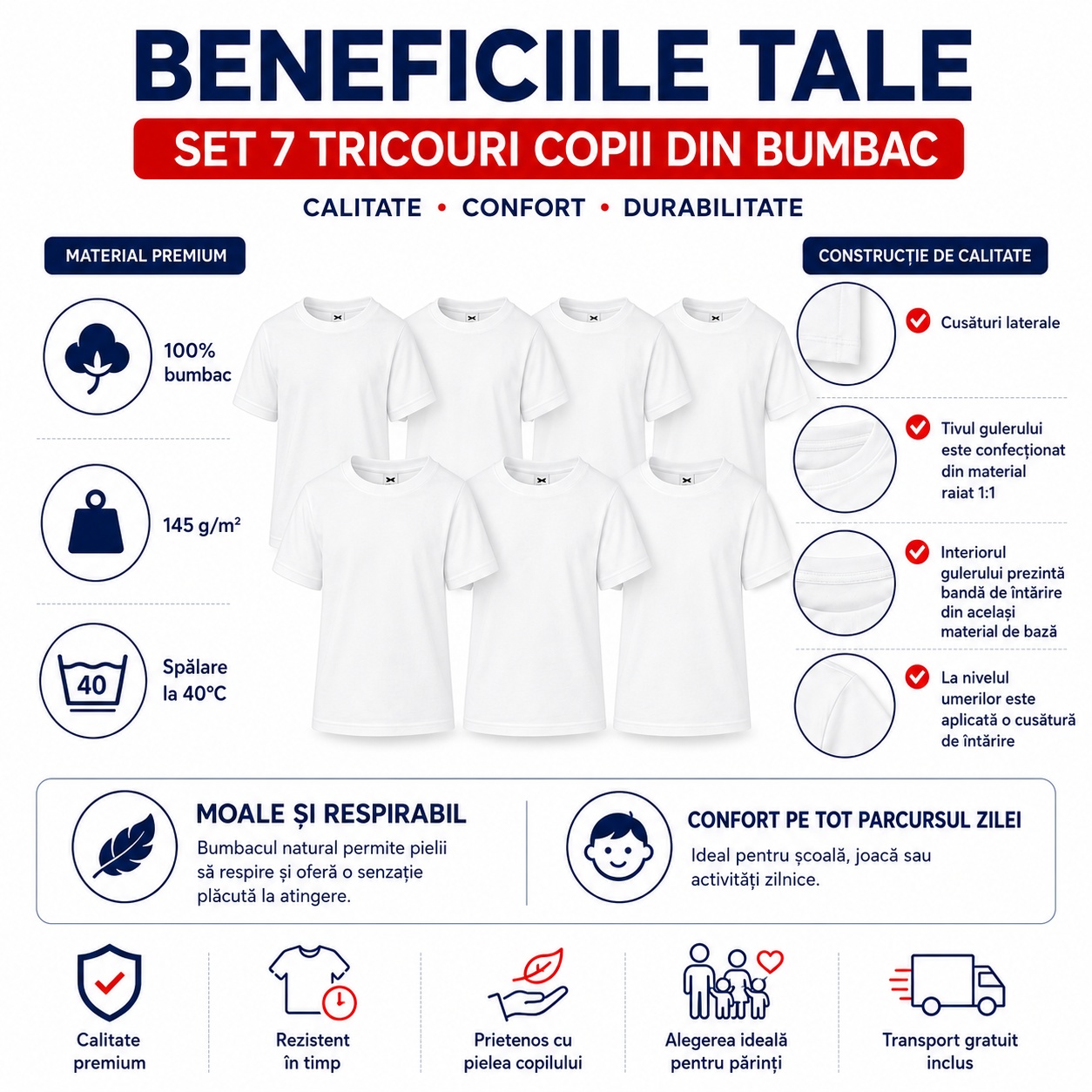 Beneficiile setului de 7 tricouri copii din bumbac 100%, calitate, confort și durabilitate