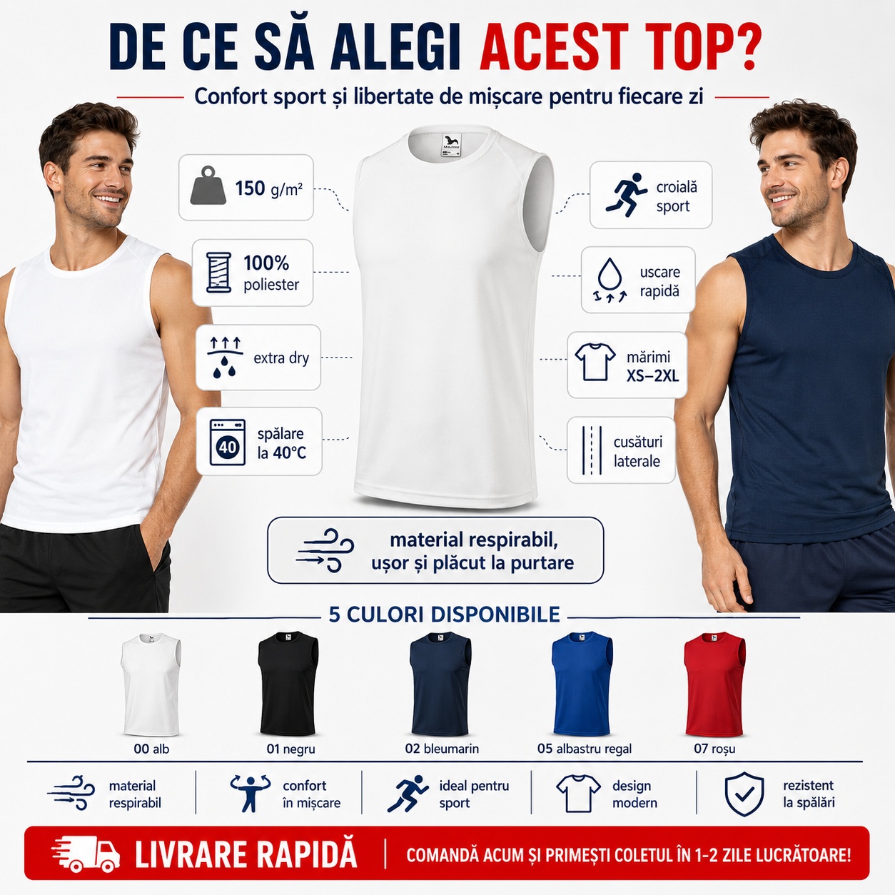 Beneficii top sport bărbați fără mâneci, material respirabil, extra dry, 150 g/m²