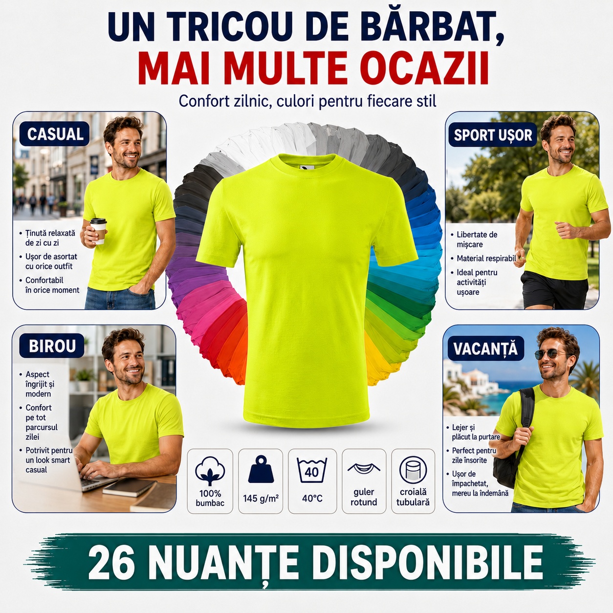 Tricou Bărbat pentru Casual, Birou, Sport Ușor și Vacanță Tricou bărbat 132 Classic New pentru casual, birou, sport ușor și vacanță, 26 nuanțe disponibile