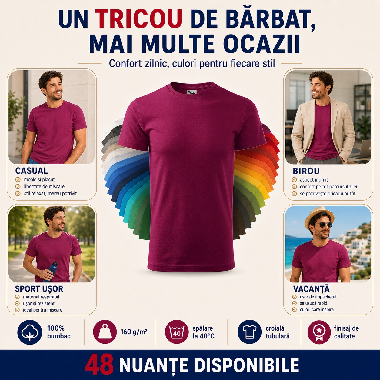 Tricou de bărbat potrivit pentru casual, birou, sport ușor și vacanță, 48 de nuanțe disponibile