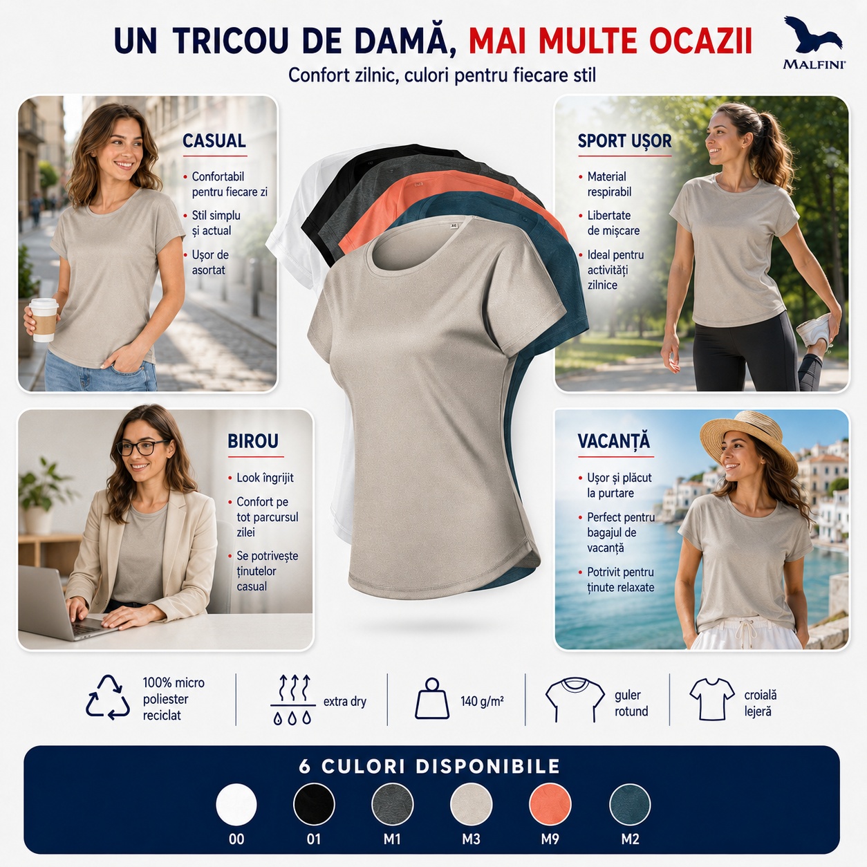 Tricou damă Malfini Chance GRS 811 pentru casual, sport ușor, birou și vacanță