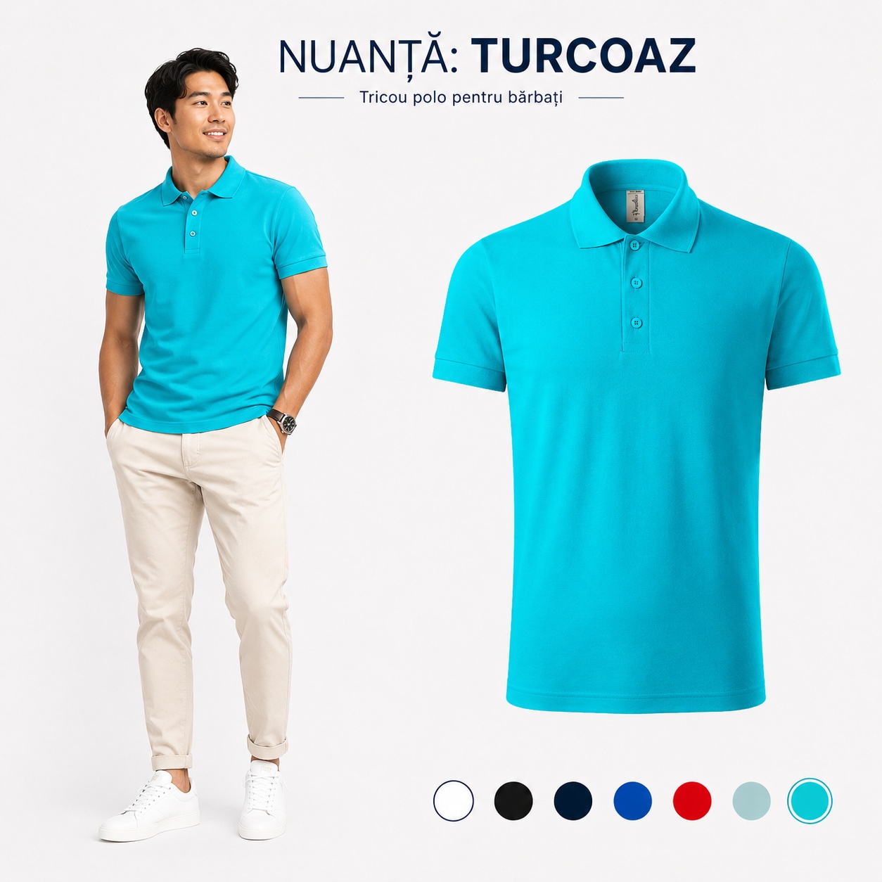 Tricou polo bărbați nuanță turcoaz, material 65% bumbac și 35% poliester