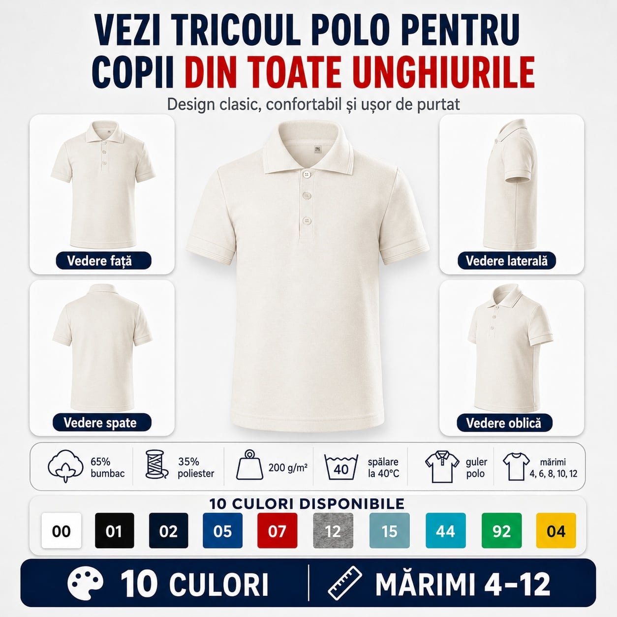 Tricou polo copii văzut din față, spate, lateral și oblic