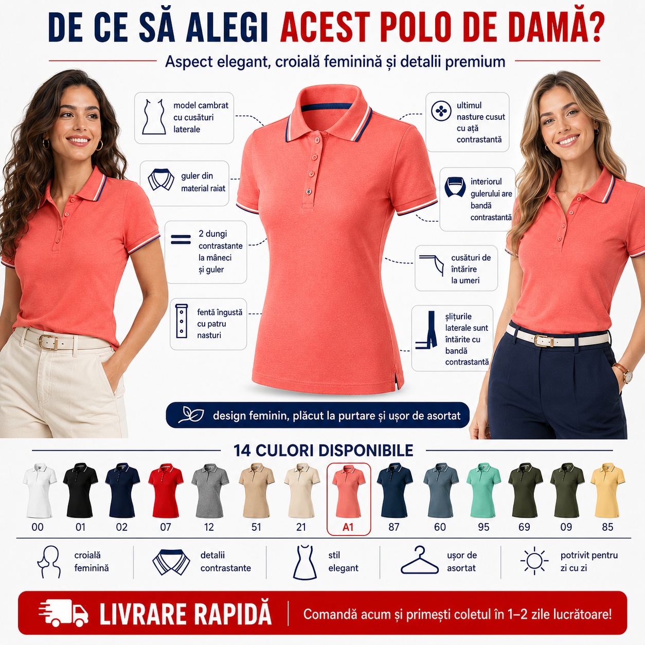 De ce să alegi acest polo de damă cu detalii contrastante
