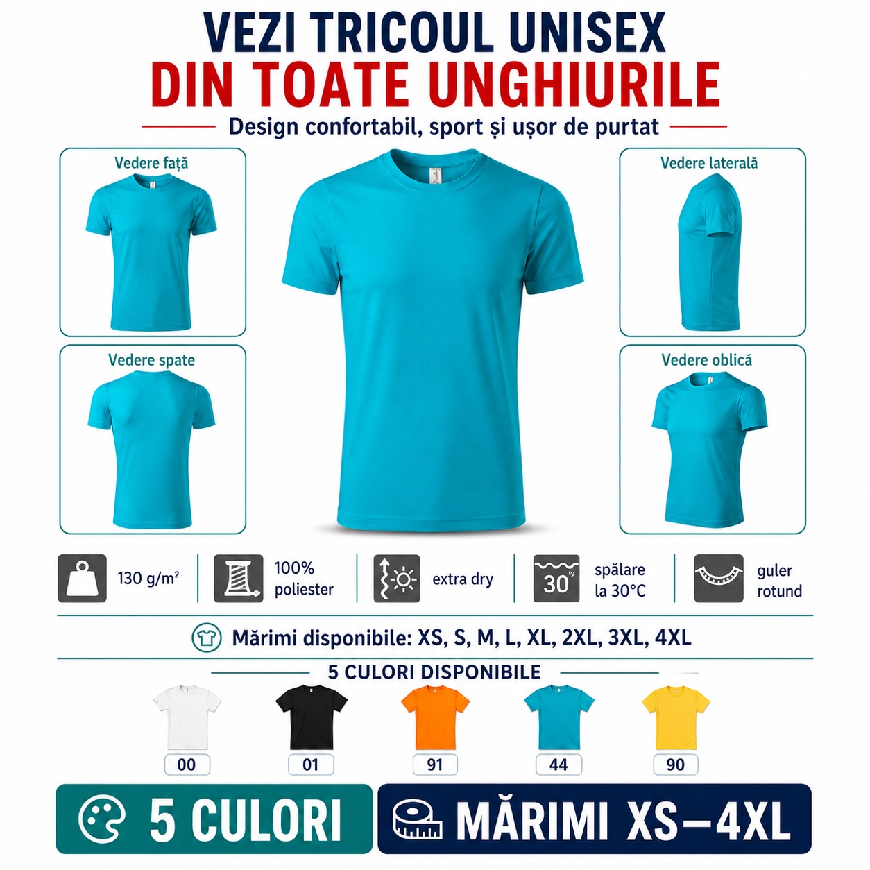 Tricoul sport Extra Dry văzut din toate unghiurile Tricou sport Extra Dry vedere față spate laterală și oblică