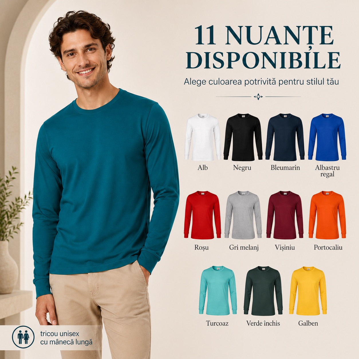 Cele 11 nuanțe ale tricoului Rimeck Bărbat purtând tricou Rimeck cu mânecă lungă și prezentarea celor 11 nuanțe
