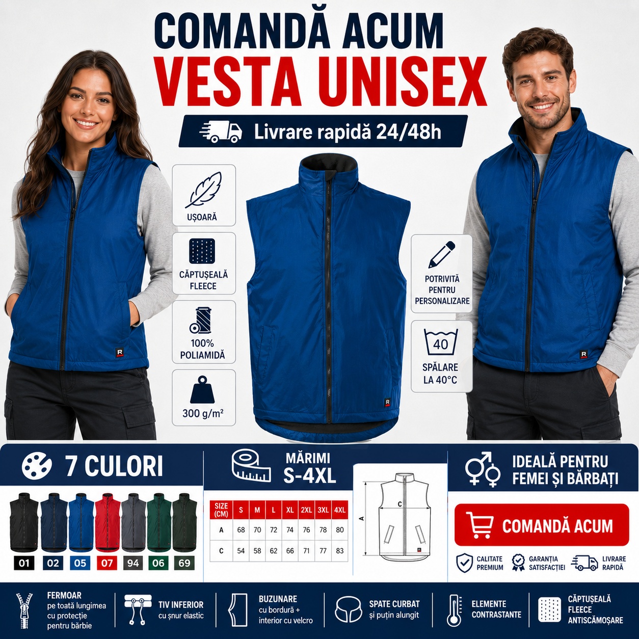 Vestă Body Warmer 509 vedere frontală laterală și culori disponibile