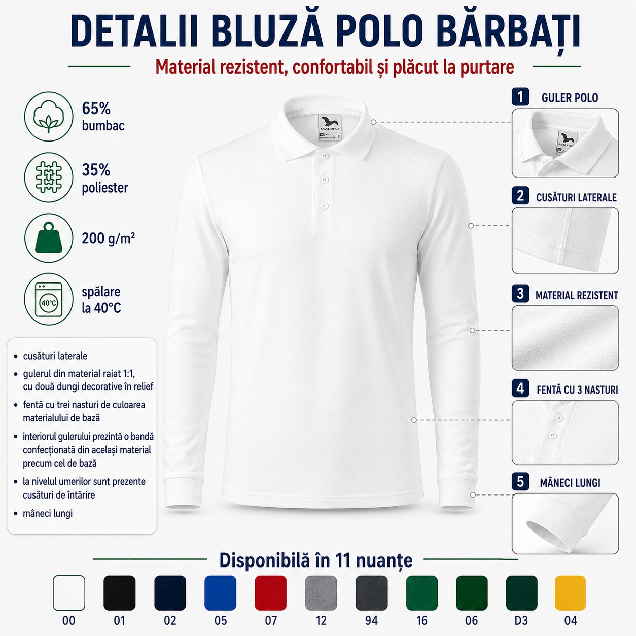 Detalii bluză polo bărbați cu guler polo, cusături laterale, material rezistent și fentă cu trei nasturi