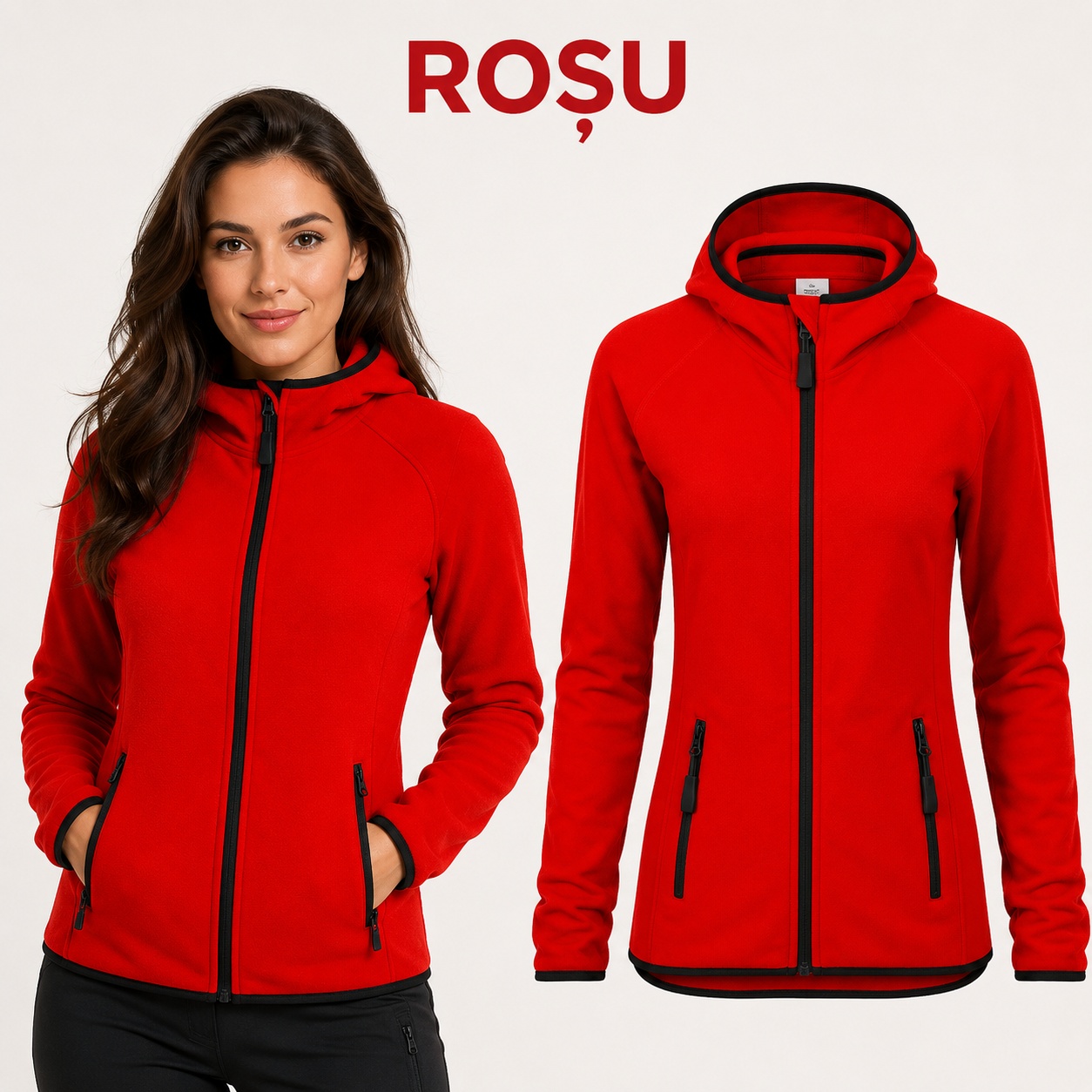 Jacheta stretch fleece dama cu gluga fermoar si buzunare Direct 418