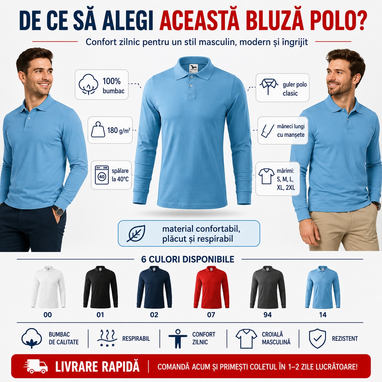 Bluză polo bărbați cu mânecă lungă, 100% bumbac, 6 culori disponibile