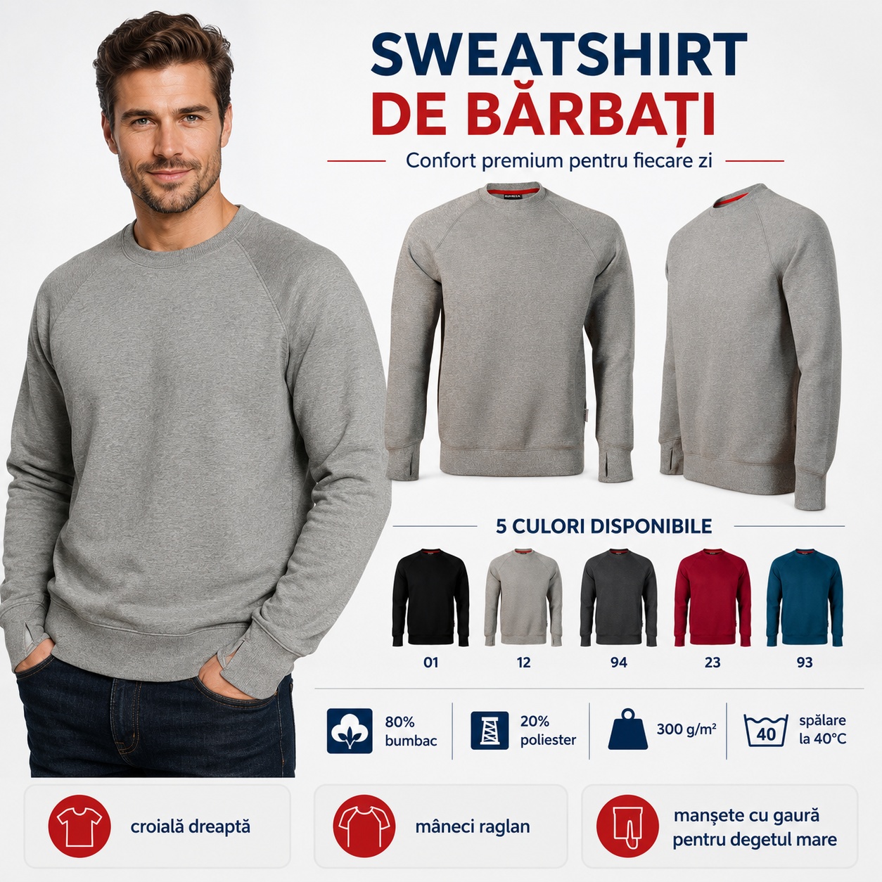 Bluză sweatshirt bărbați Rimeck Vertex W42 Bluză sweatshirt bărbați Rimeck Vertex W42 gri, prezentată frontal, lateral și în cinci culori