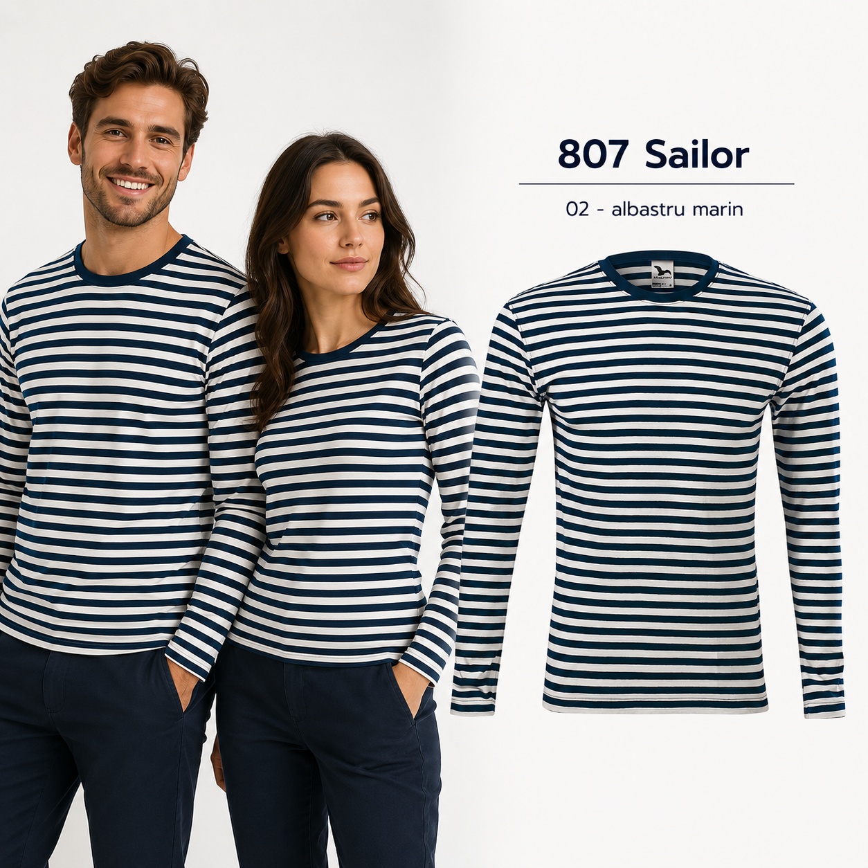 Bluză unisex Malfini 807 Sailor – prezentare produs Bluză unisex damă și bărbat Malfini 807 Sailor cu dungi alb și albastru marin
