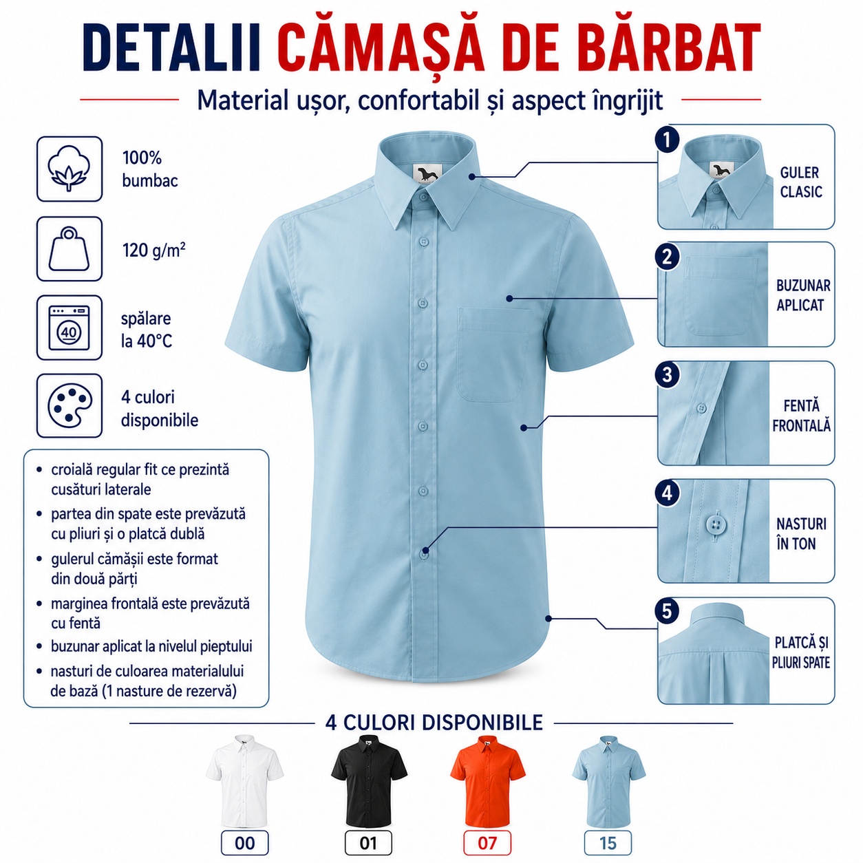 Detalii cămașă de bărbat Malfini 207 cu guler clasic, buzunar aplicat, fentă frontală și nasturi &icirc;n ton