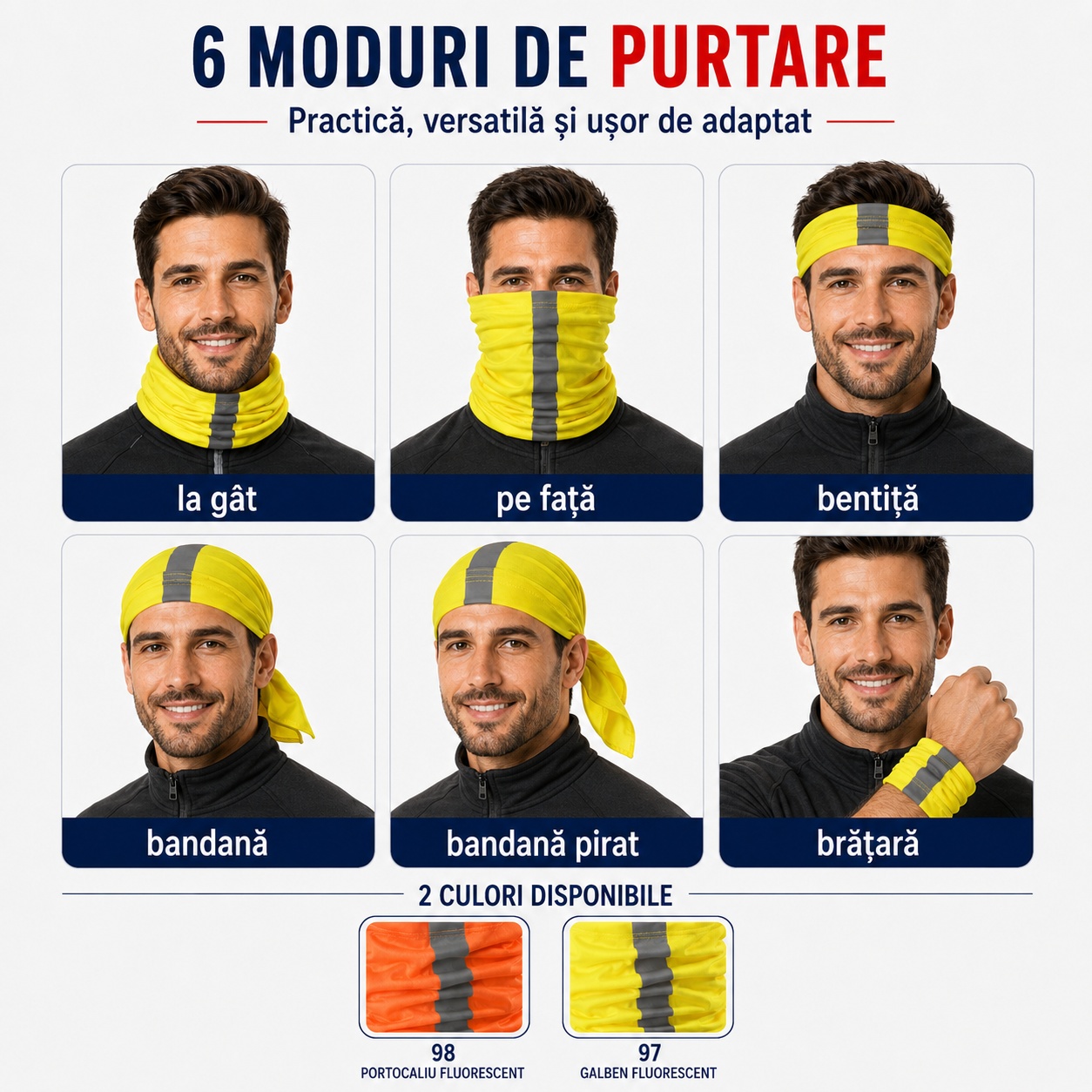 Eșarfă tubulară reflectorizantă portocaliu fluorescent și galben fluorescent