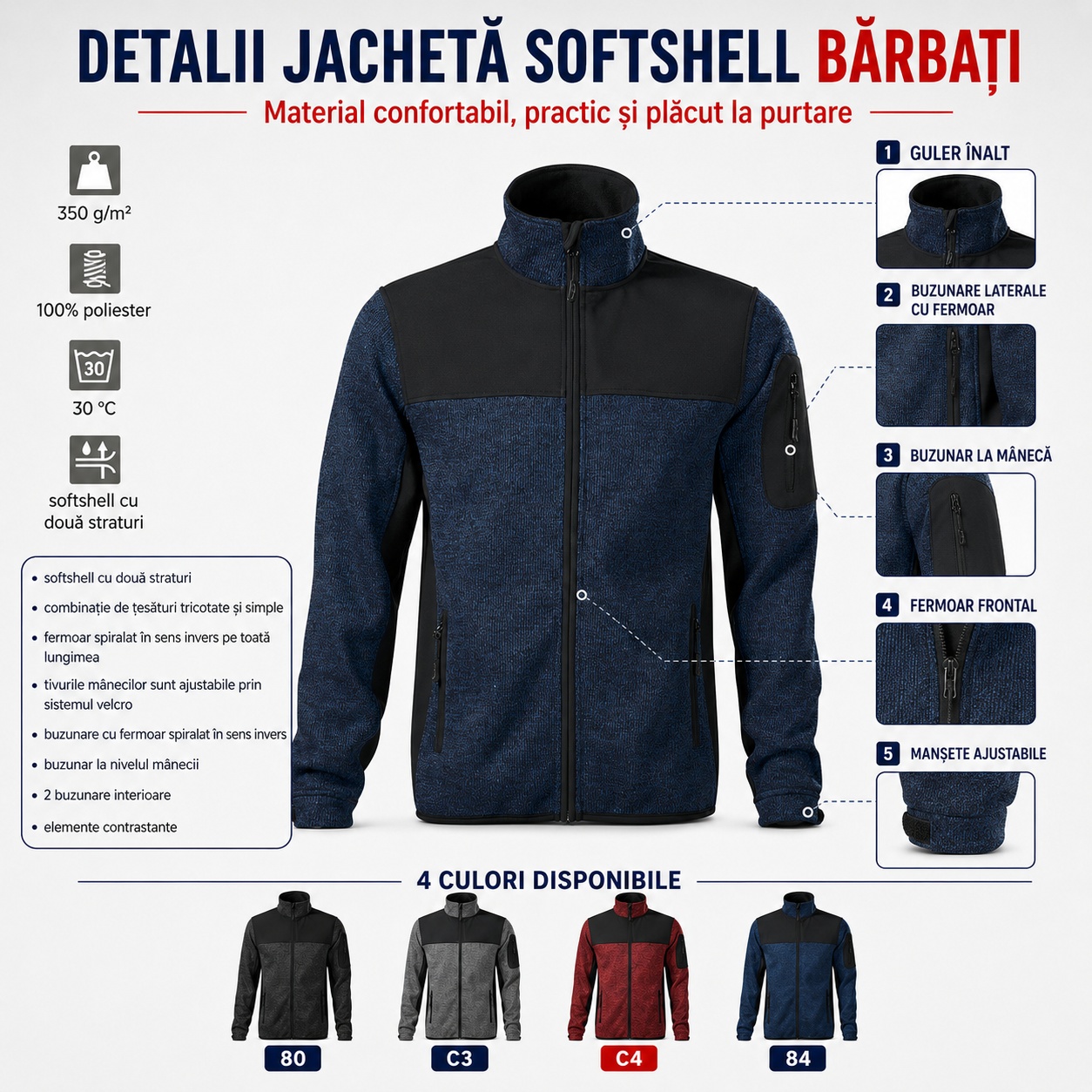 Detalii geacă softshell bărbați Casual 550 cu fleece și fermoare
