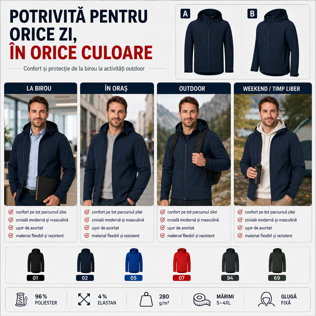 Jacheta softshell barbati cu gluga pentru vreme schimbatoare