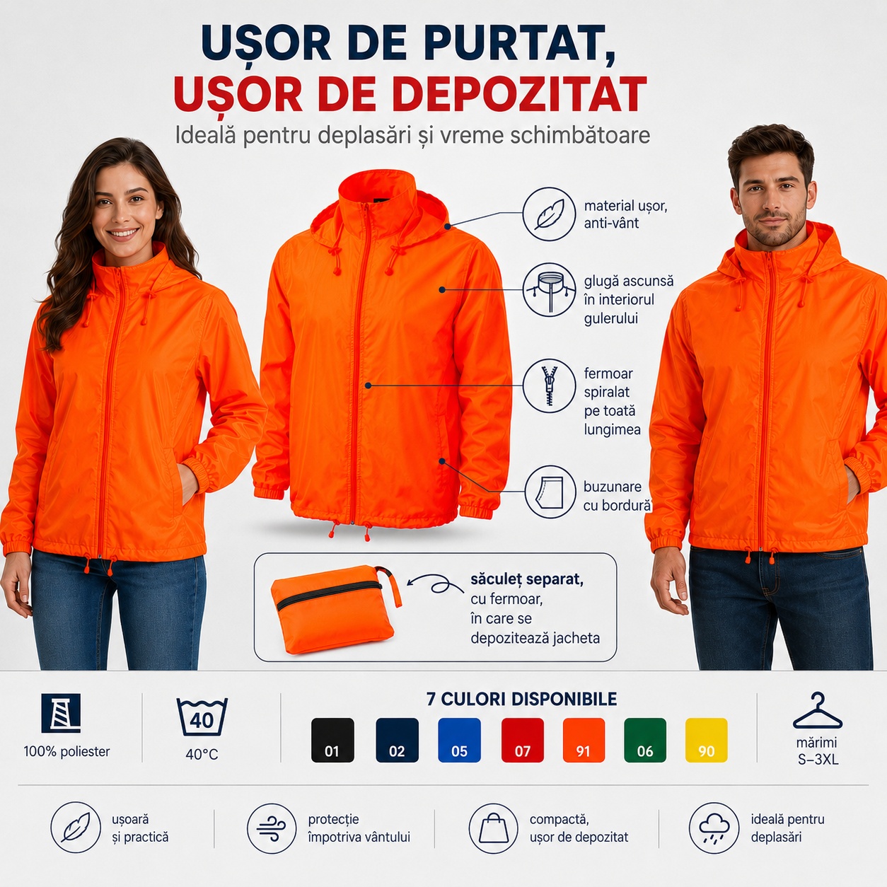Detalii geacă unisex Windy 524 glugă ascunsă fermoar buzunare și șnur