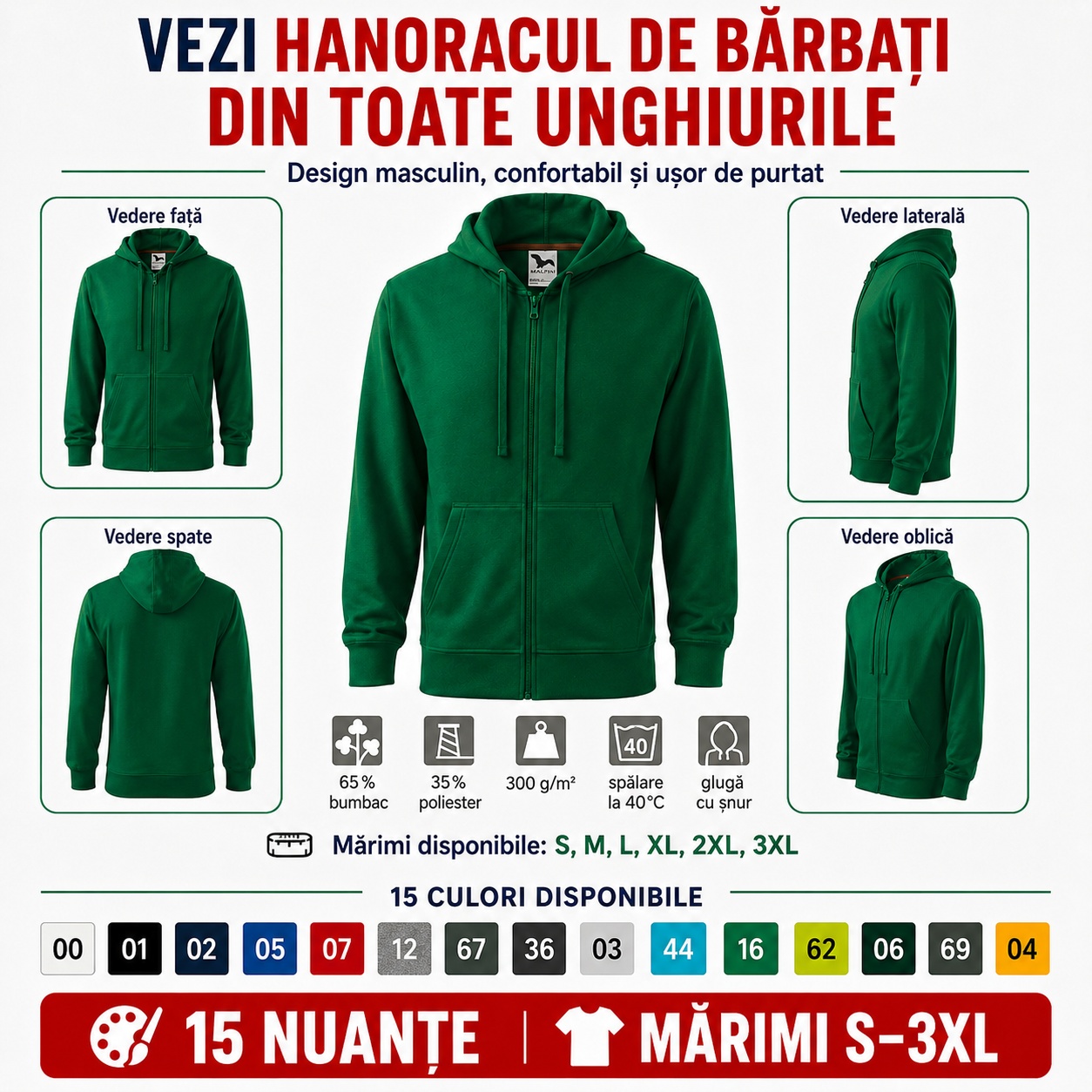 Paletă de culori hanorac bărbați cu fermoar Malfini 410