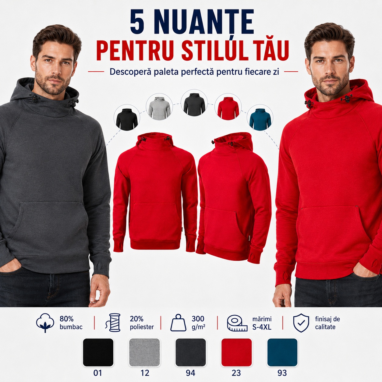 Vertex Hoodie W43 în cinci nuanțe Hanorac pentru bărbați Vertex W43 în culorile gri grafit și roșu