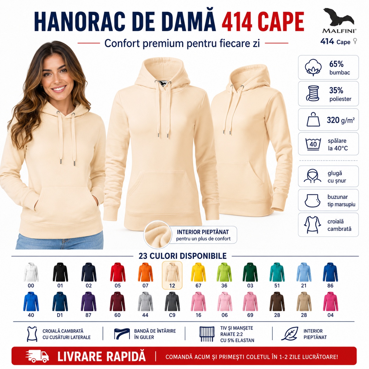 Malfini 414 Cape pentru mai multe ocazii Hanorac damă Malfini 414 Cape pentru casual, birou, acasă și vacanță