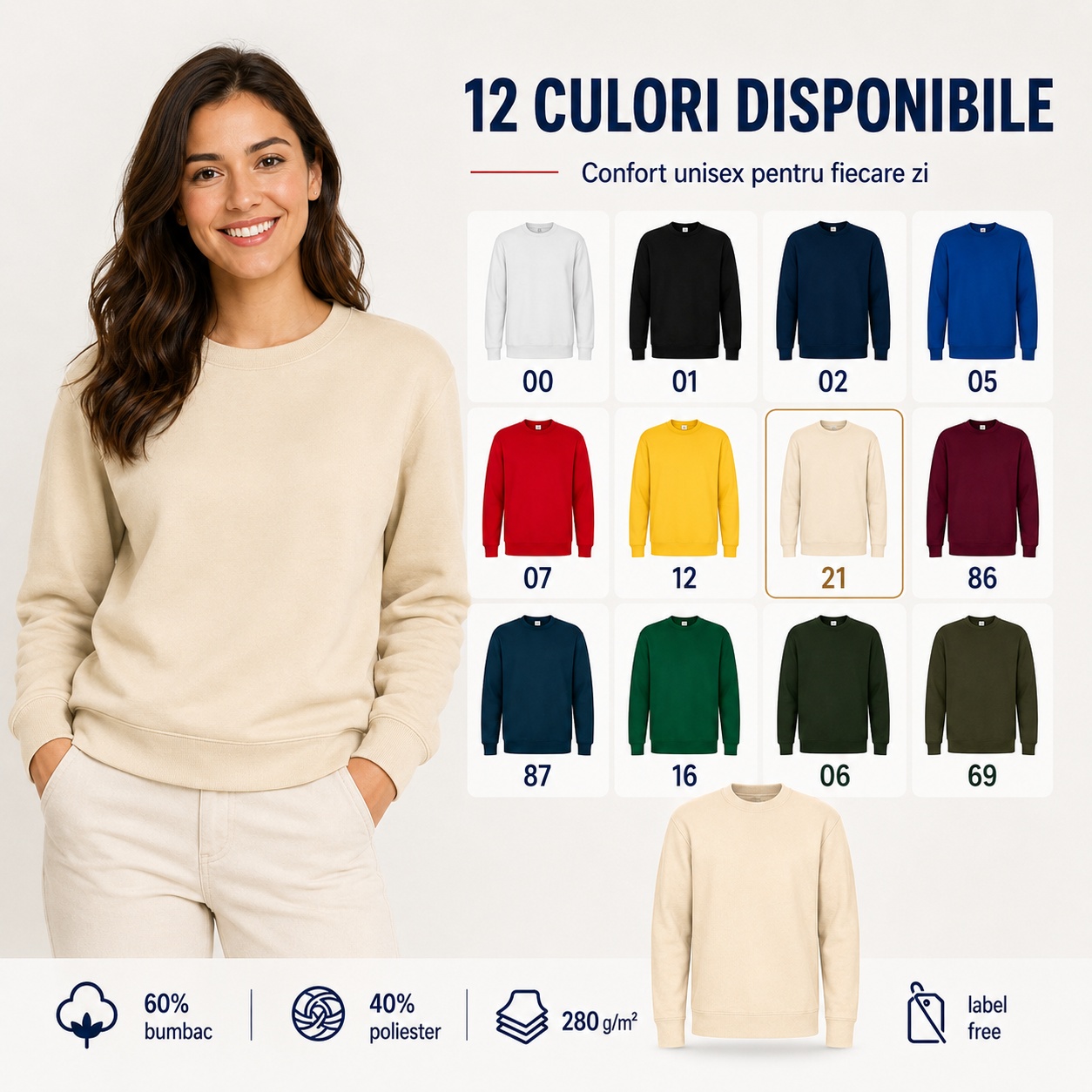 Paletă de 12 culori pentru hanorac tip bluză unisex damă și bărbați