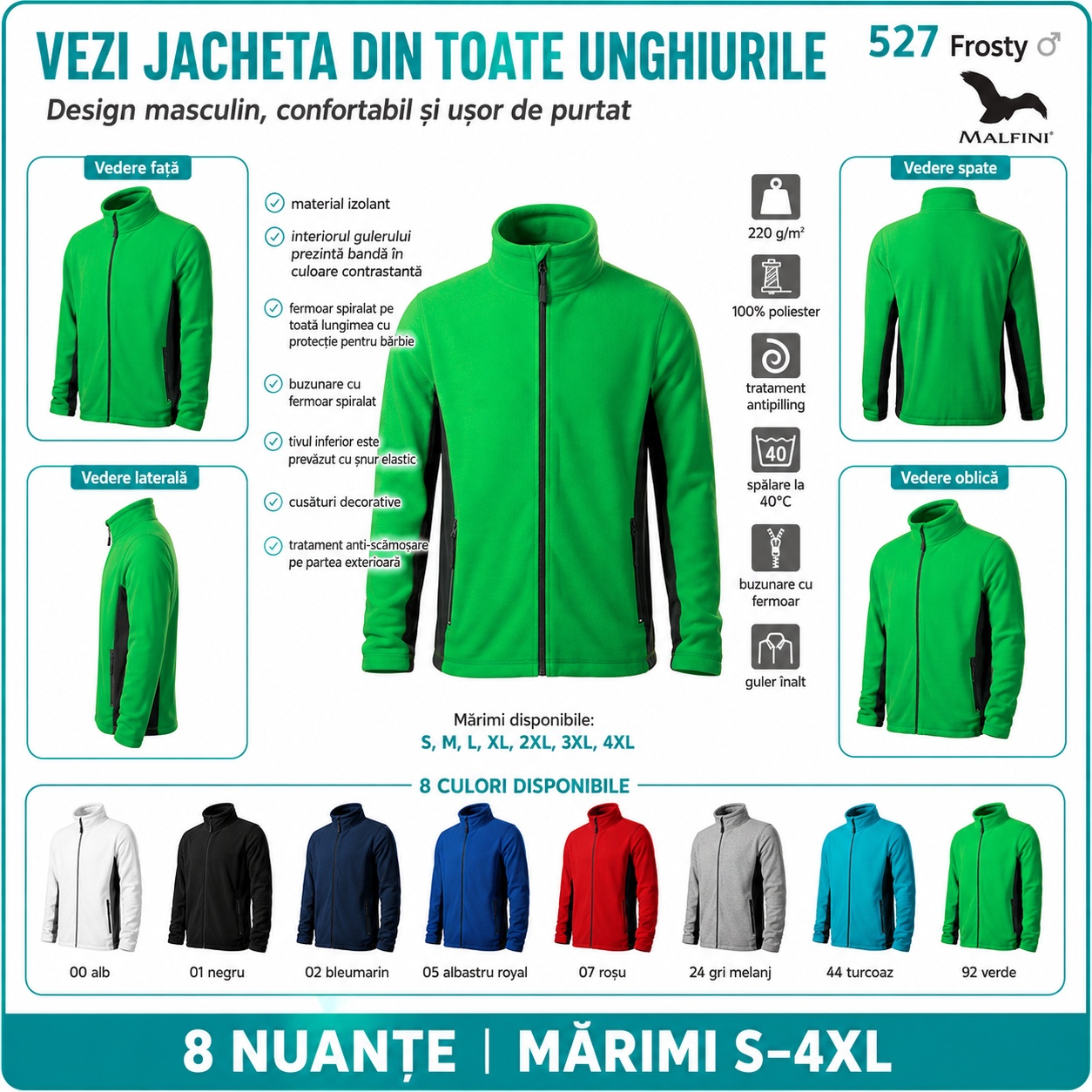 8 nuanțe disponibile jachetă polar fleece Malfini Frosty 527