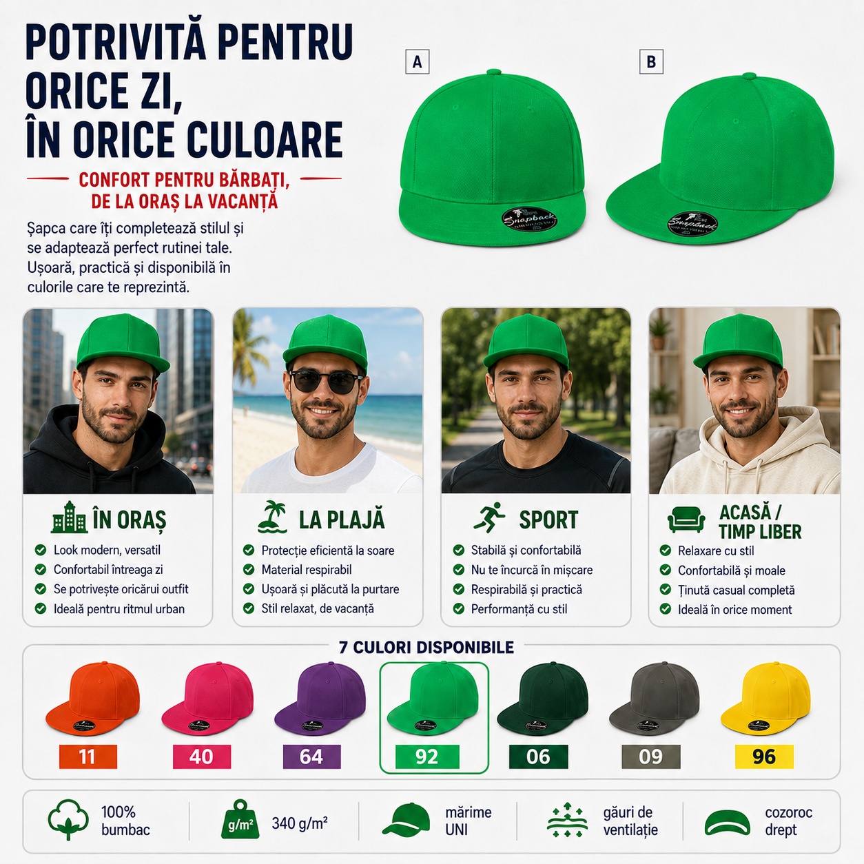 Șapcă bărbat reglabilă cu cozoroc drept